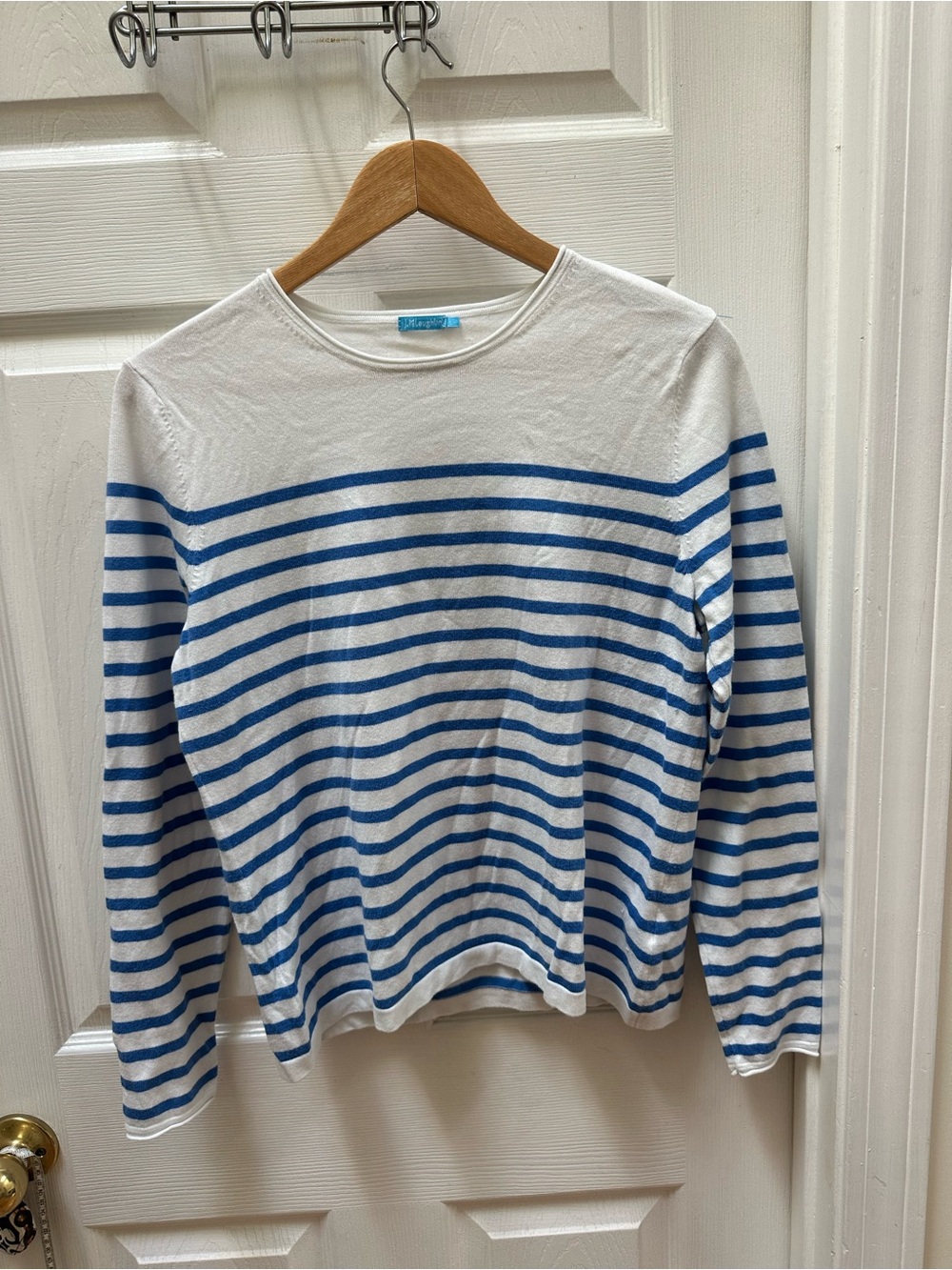 J Mclaughlin Blue White Striped Crewneck Sweater l large